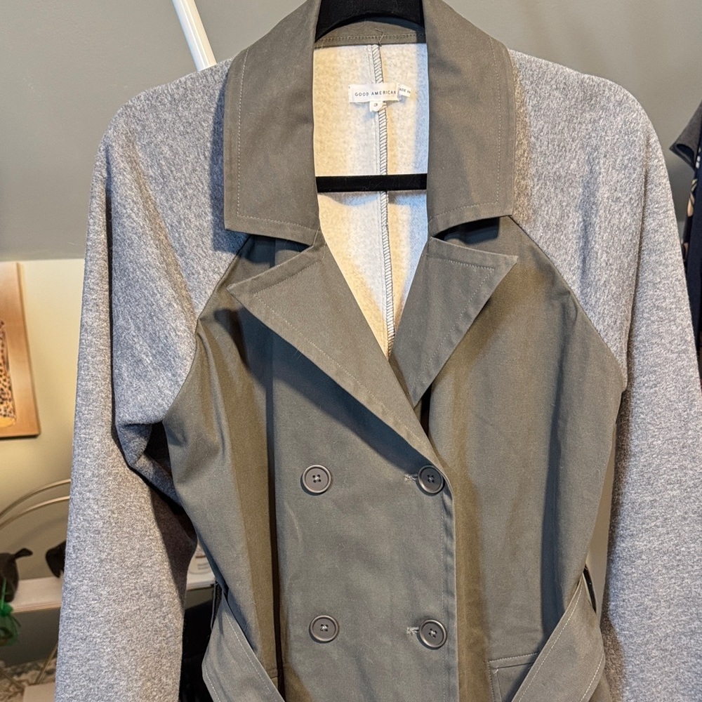 EUC Good American 2 Tone Olive Gray Fleece Mixed Media Midi Trench - Picture 6 of 14